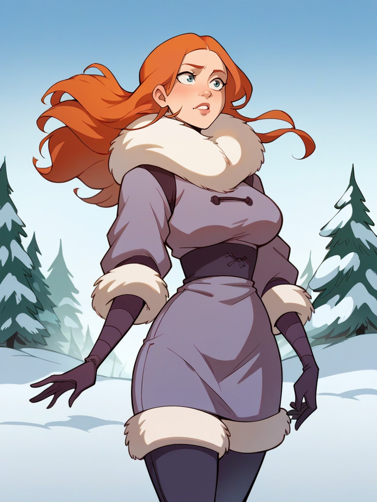 score_9, score_8_up, score_7_up, score_6_up,  <lora:4v4t4rXLP:1> 4v4t4r, 1girl, curvy, long hair, ginger hair, large breasts, snow, winter clothes, 