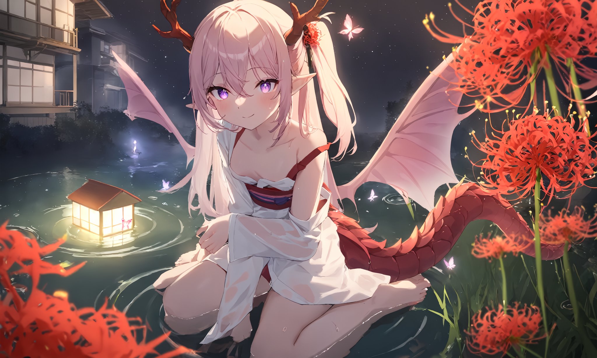 1girl,masterpiece, best quality, absurdres, recent, newest, sensitive, safe,solo, horns, dragon horns, dragon wings, dragon tail, dragon girl, spider lily, pointy ears, japanese clothes, new year, flower, barefoot, long hair, one side up, tree, water, white kimono, sitting, kneeling, outdoors, night, bangs, pink flower, purple flower, silver hair, looking at viewer, sky, house, blue flower, purple eyes, blush, one side up, bare legs, butterfly, building, night sky, bug, long sleeves, white flower, depth of field, hair between eyes, red flower, reflection, closed mouth, grass, ripples, lake, small breasts, half updo, pink hair, strap slip, plant, pink butterfly, smile, starry sky, looking away, slit pupils, dark night, black background, glowing, wet, wet clothes, wet kimono, see-through, antlers,