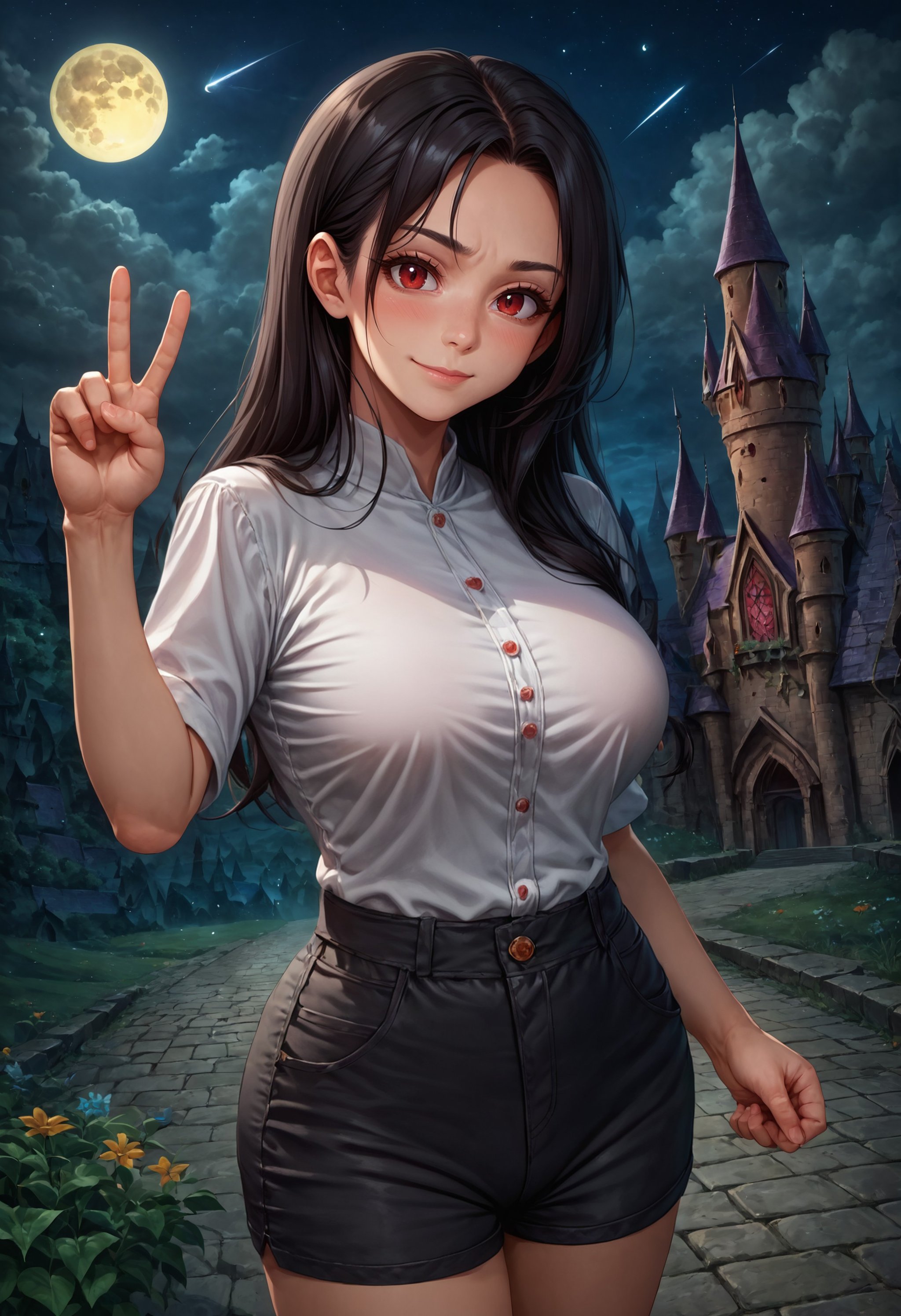 score_9, score_8_up, score_7_up, detailed, black hair, long hair, red eyes, white shirt, short shorts, black shorts, cloud, moon, full moon, Hogwarts, castle hill, night sky, street, shooting star, looking at viewer, blush, light smile, closed mouth, strong pose, (mature female:0.65), v, hand up, clenched hand, 