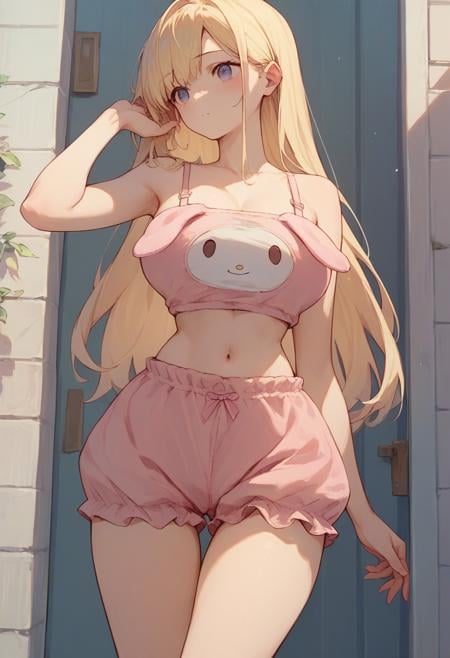 score_9, score_8_up, score_7_up, score_6_up, source_anime, <lora:bunny_cute_suit_v0.9-pony:1.0> 1girl,blonde hair, long hair, pink bloomers, pink camisole, navel, large breasts, narrow waist, 