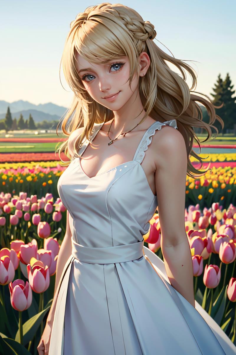 ((ultra detailed, masterpiece, absurdres)) <lora:FFLuna:0.8>FFLuna, 1girl, blonde hair, looking at viewer, in a field of tulips, golden hour, elegant dress, smiling