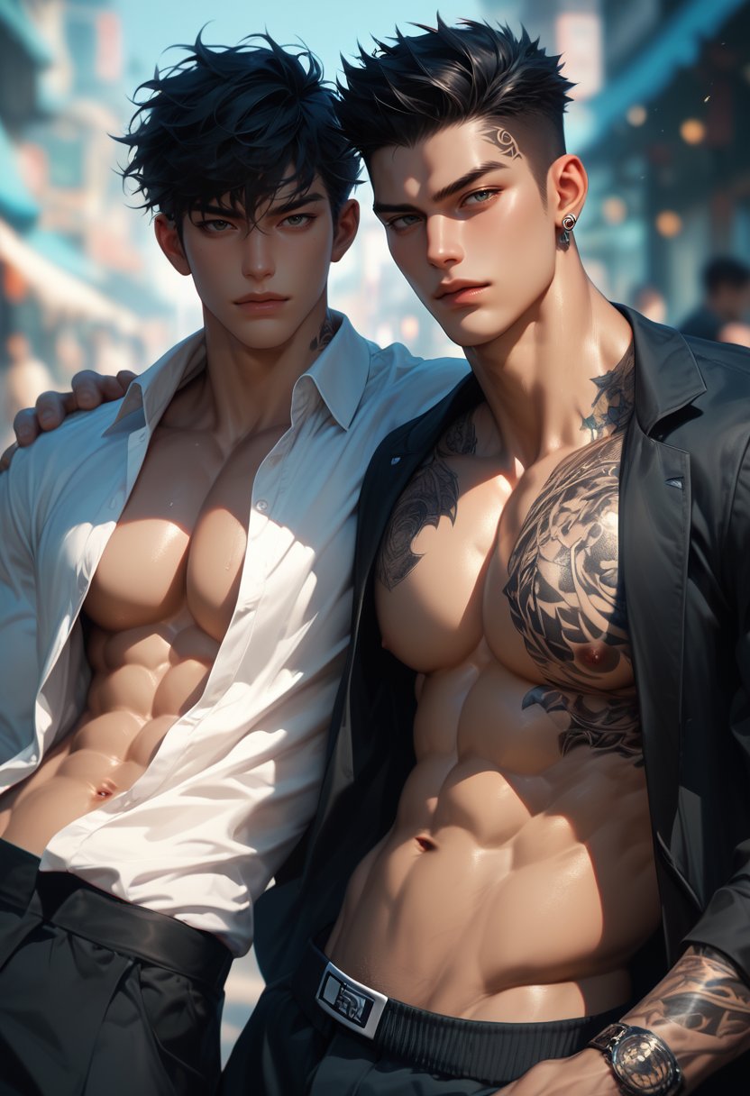 (score_9, score_8_up), score_7_up, score_6_up, 2boys, bishounen, looking at viewer, short hair, shirt, black hair, navel, jewelry, open shirt, tattoo, muscular, blurry background