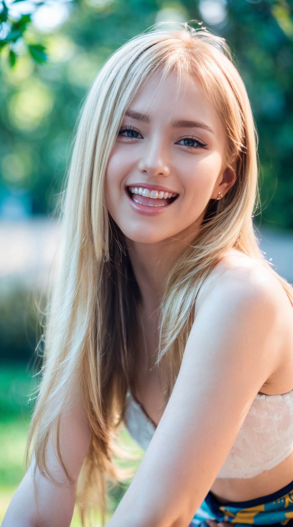 Beautiful Lighting, (1girl:blonde hair, bangs, long hair, hair between eyes), (real skin), (outdoors:1.3), happy expression, open mouth, laughing, <lora:add_detail:1>, bokeh, ((cinematic, hyper realistic photograph, insanely detailed and intricate, hyper maximalist, elegant, super detailed, dynamic pose, photography, volumetric, ultra - detailed, 8k))