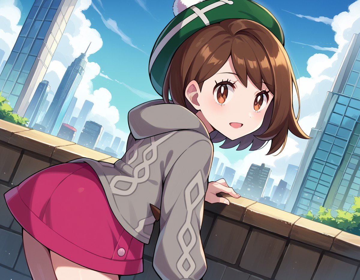 score_9, score_8_up, score_7_up, source_anime,pokemongloria, <lora:pokemon-gloria-ponyxl-lora-nochekaiser:1>pokemongloria, brown eyes, brown hair, medium hair,cardigan, dress, green headwear, grey cardigan, hood, hood down, hooded cardigan, long sleeves, pink dress, short dress,outdoors, cityscape, bent over,looking at viewer, cowboy shot, dutch angle,