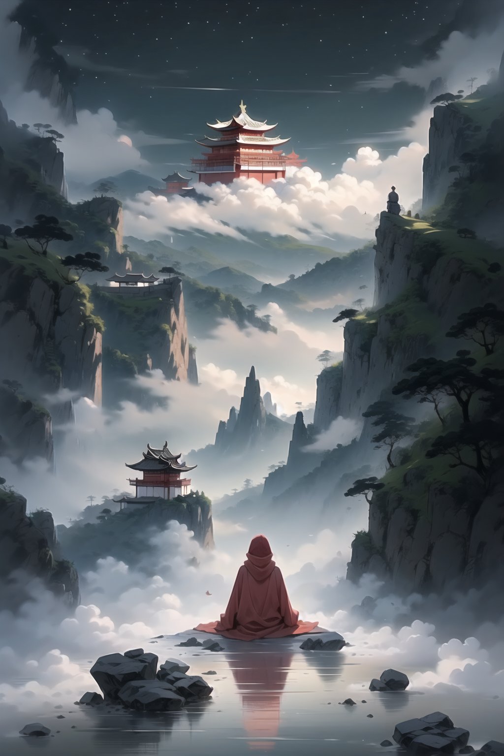 scenery, solo, architecture, cloud, mountain, fog, outdoors, hood, sitting, from behind, sky, east asian architecture, 1other, cloak, red hair, facing away, rock