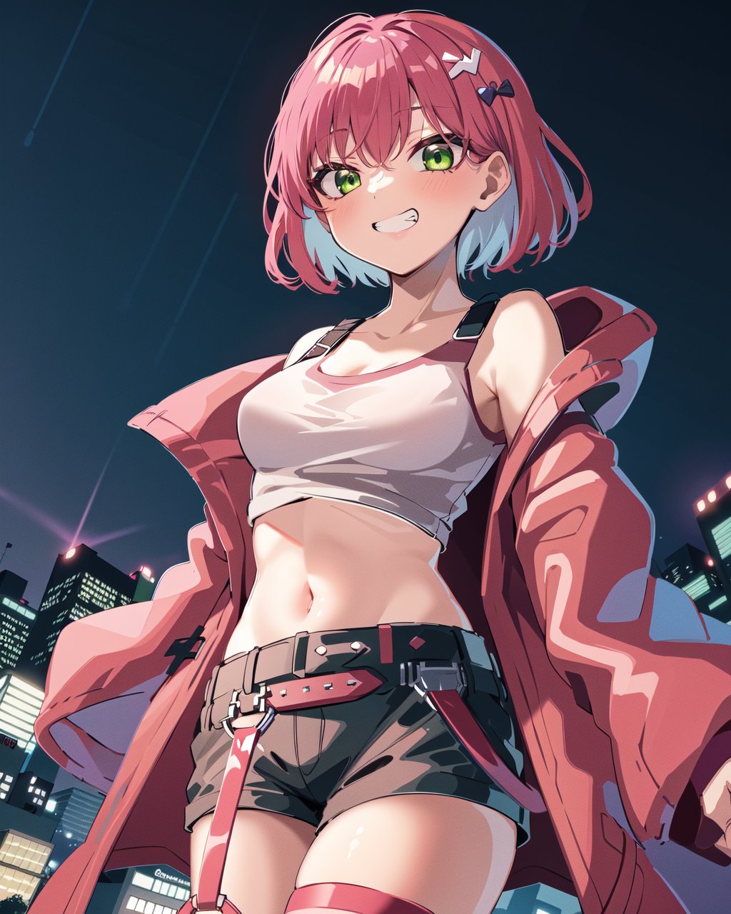 1girl, kisikilslf1, pink hair, green eyes, short hair,white tank top, midriff, shorts, pink belt, asymmetrical legwear, oversized pink jacket,outdoors, city, night sky, pink ambient lighting, cyberspace, grin, <lora:kisikilv2-000006:0.8>