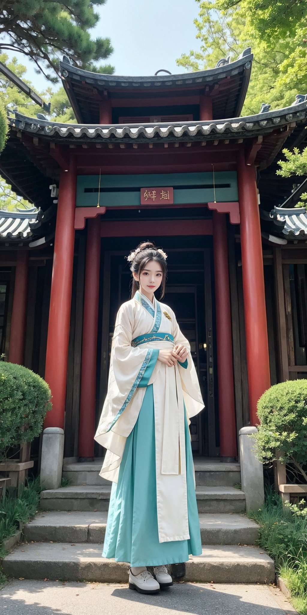 1girl,solo,hanfu,looking at viewer,solo,full body,suburban scenery,east asian,chinese style architecture