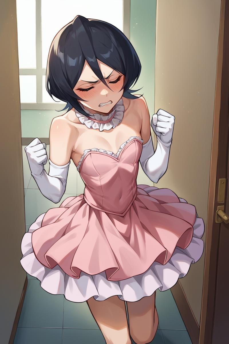 score_9, score_8_up, score_7_up, score_6_up, source_anime BREAK 1girl, solo,  <lora:rukia-pdxl-nvwls-v1-000006:1> defrka, black hair, short hair, pink tutu, frills, blush, clenched teeth, closed eyes, embarrassed, clenched hand, hallway, frilled choker, elbow gloves, white gloves