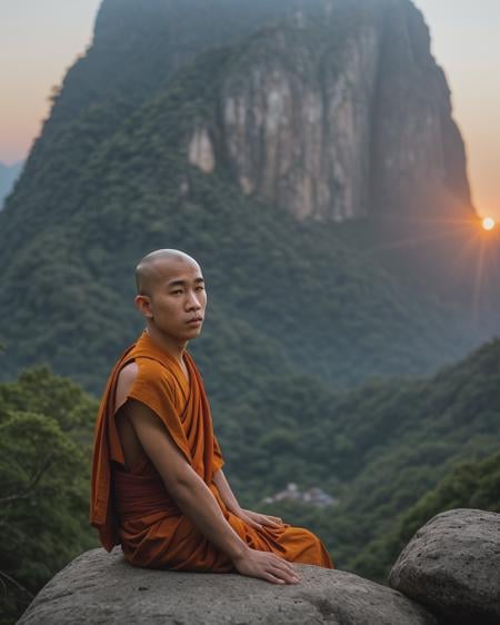 Cinematic film still, medium shot, close up, National geographic photo of a handsome 18yo Thai male monk, meditating high up at a secret mountainous Buddhist temple, (Wearing a short tight traditional monk Kasaya), bald, strong thighs, sunset, backlit, photorealistic, epic, gorgeous, moody, vignette, bokeh, shallow depth of field, highly detailed (selective focus:1.2)