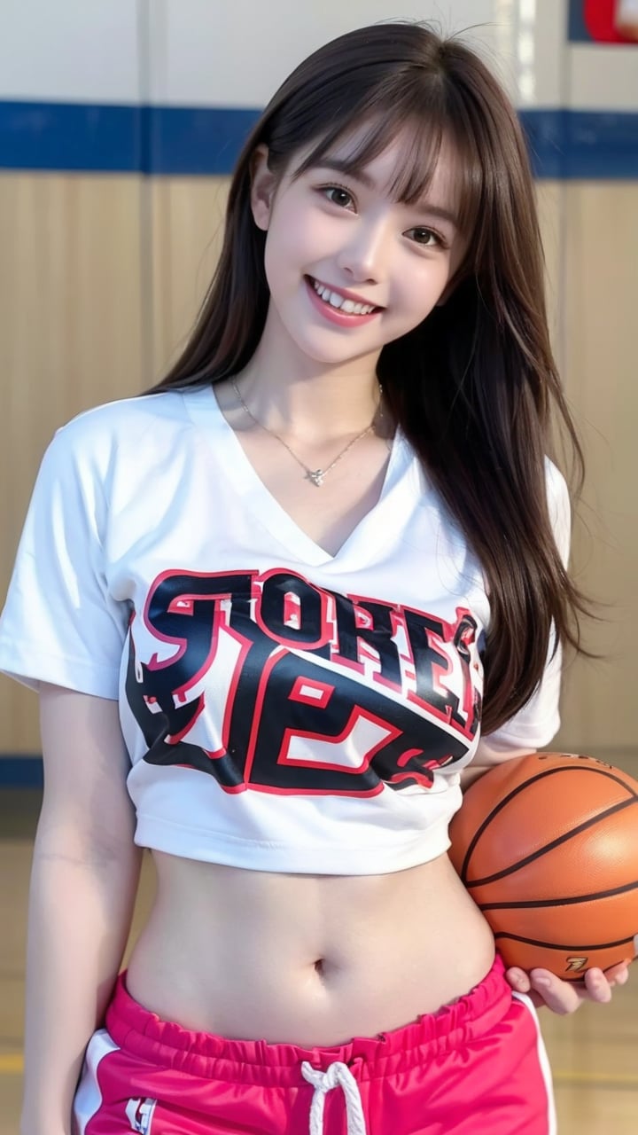 <lora:meinv215:0.8>,1girl, realistic, solo, long hair, navel, smile, shorts, basketball, holding ball, jewelry, necklace, shirt, looking at viewer, pink shorts, ball, indoors, midriff, teeth, brown hair, holding, white shirt, crop top, grin, bangs