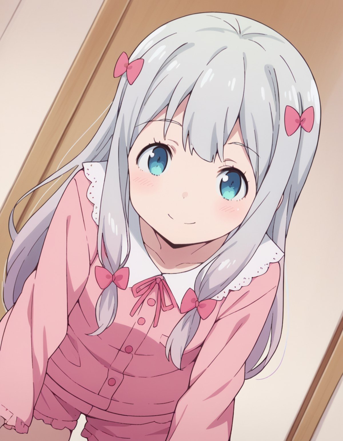 score_9, score_8_up, score_7_up, source_anime,sagiriizumi, <lora:sagiri-izumi-s1-ponyxl-lora-nochekaiser:1>,sagiri izumi, long hair, blue eyes, bow, hair bow, grey hair, pink bow,ribbon, shorts, pink shirt, pajamas, pink shorts,indoors, bent over, smile,solo, looking at viewer, cowboy shot, dutch angle,