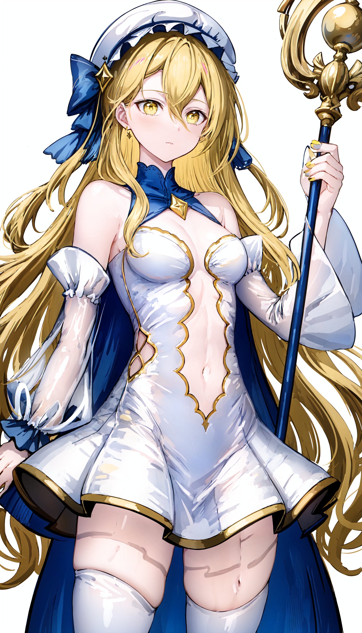 1girl, solo, yellow eyes, long hair, navel, breasts, yellow nails, blonde hair, navel cutout, thighhighs, white background, looking at viewer, single thighhigh, white dress, clothing cutout, detached sleeves, dress, very long hair, white headwear, hair between eyes, staff, simple background, medium breasts, bangs