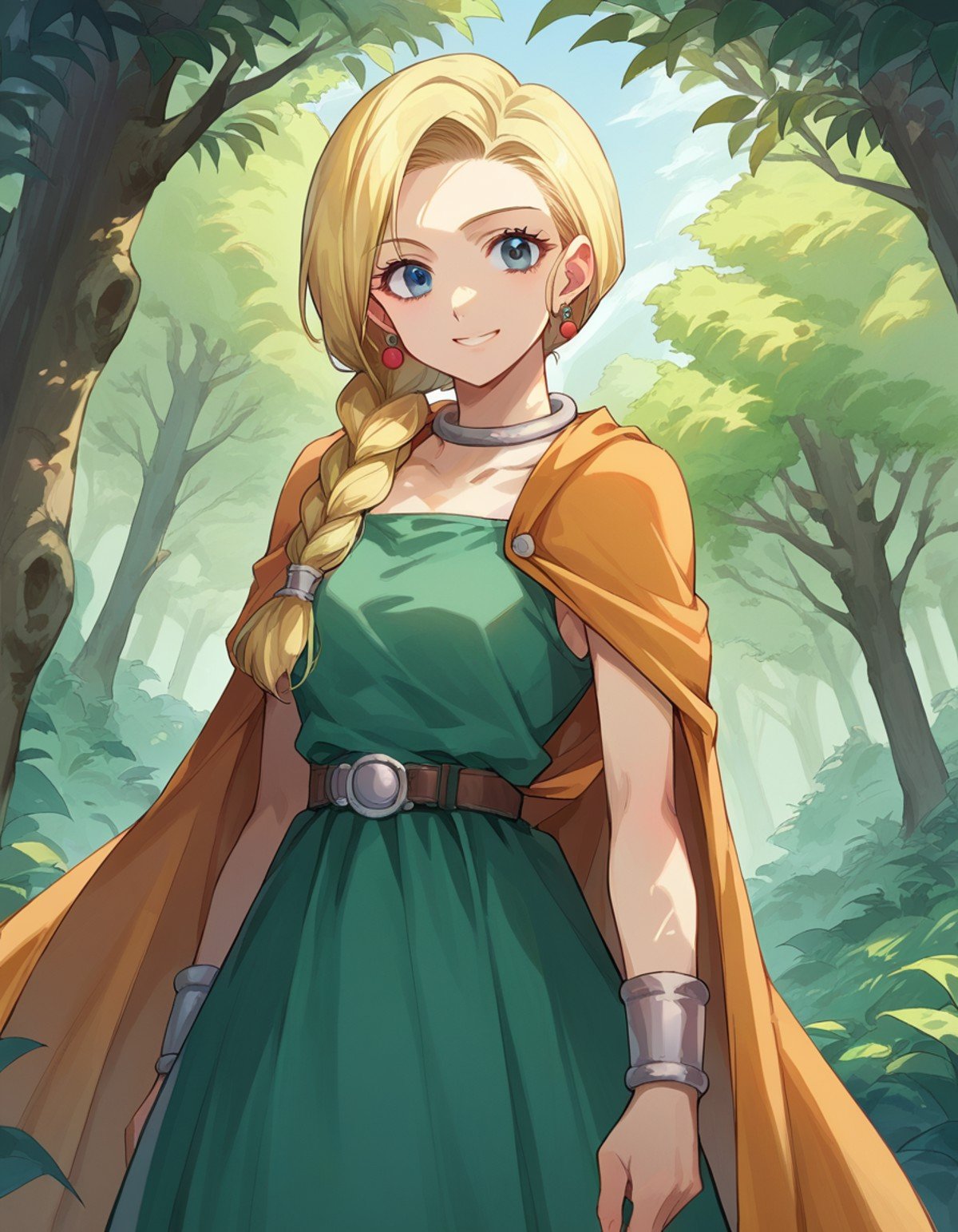 score_9, score_8_up, score_7_up, source_anime,dqbianca, <lora:dq-bianca-ponyxl-lora-nochekaiser:1>,bianca, blonde hair, blue eyes, braid, braided ponytail, long hair, smile,belt, brown belt, cape, dress, earrings, jewelry, green dress,outdoors, forest, nature,looking at viewer, dutch angle, cowboy shot,