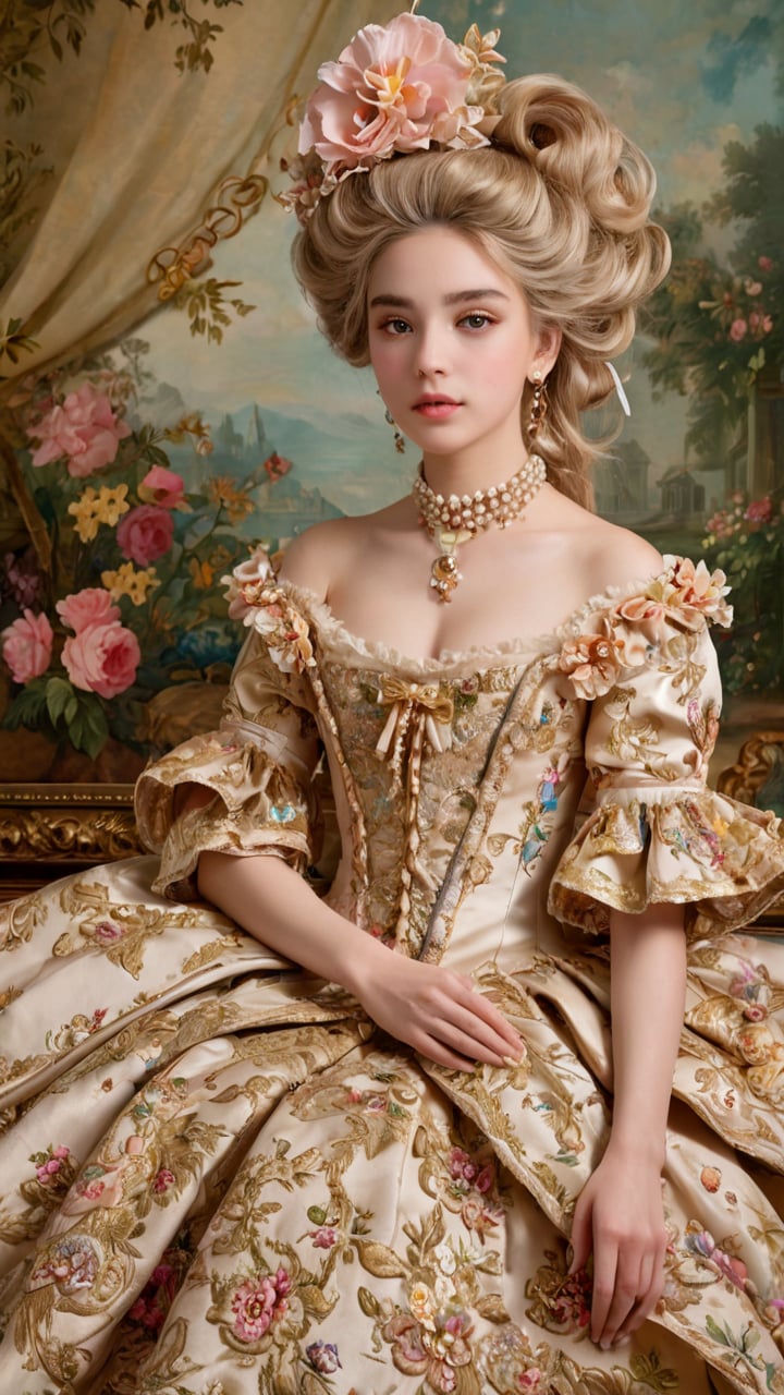 Delicate girl,black eyes,flowers,glowing jewelry,rococo oil paintings,lace,bow,hem,hem,powder wig,gauze and satin,embroidery and beads,feathers and flowers,bright ribbons,fan,rococo oil paintings,shell patterns,design,asymmetric design,mirrors,mural and ceiling paintings,color,gold,gold,tender,gorgeous,high,incredibly absurd,wallpaper,add detail,clarity enhancement,detail reinforcement,  <lora:add-detail-xl:0.6> <lora:DetailedEyes_V3:0.8>