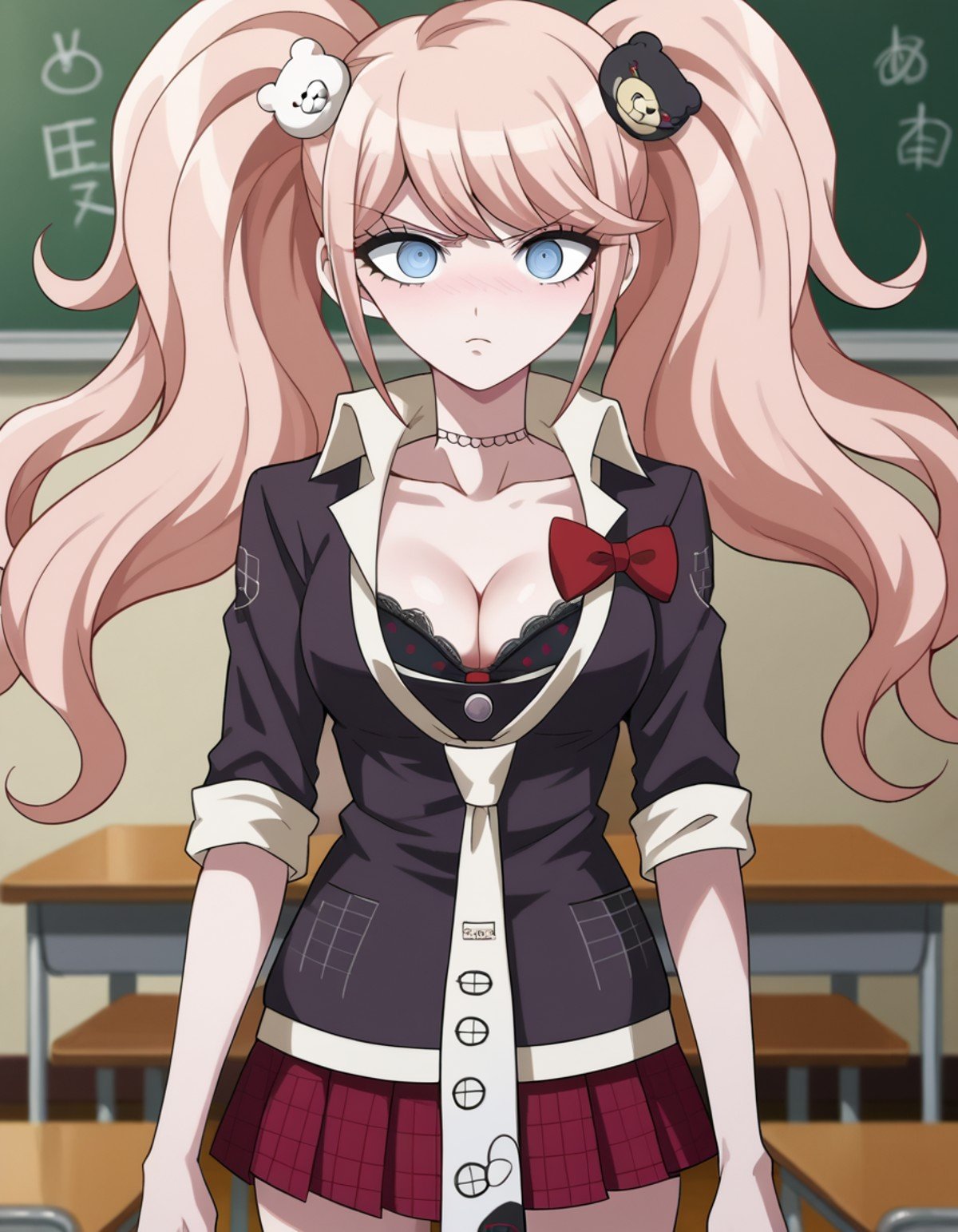 score_9, score_8_up, score_7_up, source_anime,junkoenoshima, <lora:junko-enoshima-ponyxl-lora-nochekaiser:1>,junko enoshima, long hair, bangs, blue eyes, pink hair, hair ornament, twintails, bear hair ornament,skirt, shirt, bow, cleavage, underwear, collarbone, necktie, choker, bra, red bow, black bra, sleeves rolled up, red skirt,indoors, classroom,looking at viewer, cowboy shot,