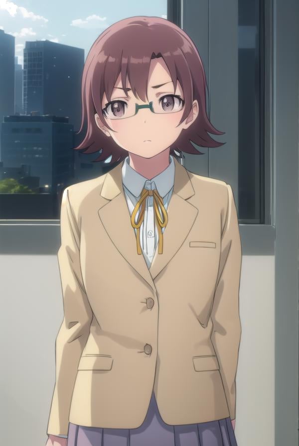 senaakagi, <lora:sena akagi s2-lora-nochekaiser:1>,sena akagi, short hair, brown hair, glasses, (brown eyes:1.5),BREAK skirt, ribbon, school uniform, blazer, grey skirt, shirt, white shirt, collared shirt,BREAK indoors, classroom,BREAK looking at viewer, (cowboy shot:1.5),BREAK <lyco:GoodHands-beta2:1>, (masterpiece:1.2), best quality, high resolution, unity 8k wallpaper, (illustration:0.8), (beautiful detailed eyes:1.6), extremely detailed face, perfect lighting, extremely detailed CG, (perfect hands, perfect anatomy),