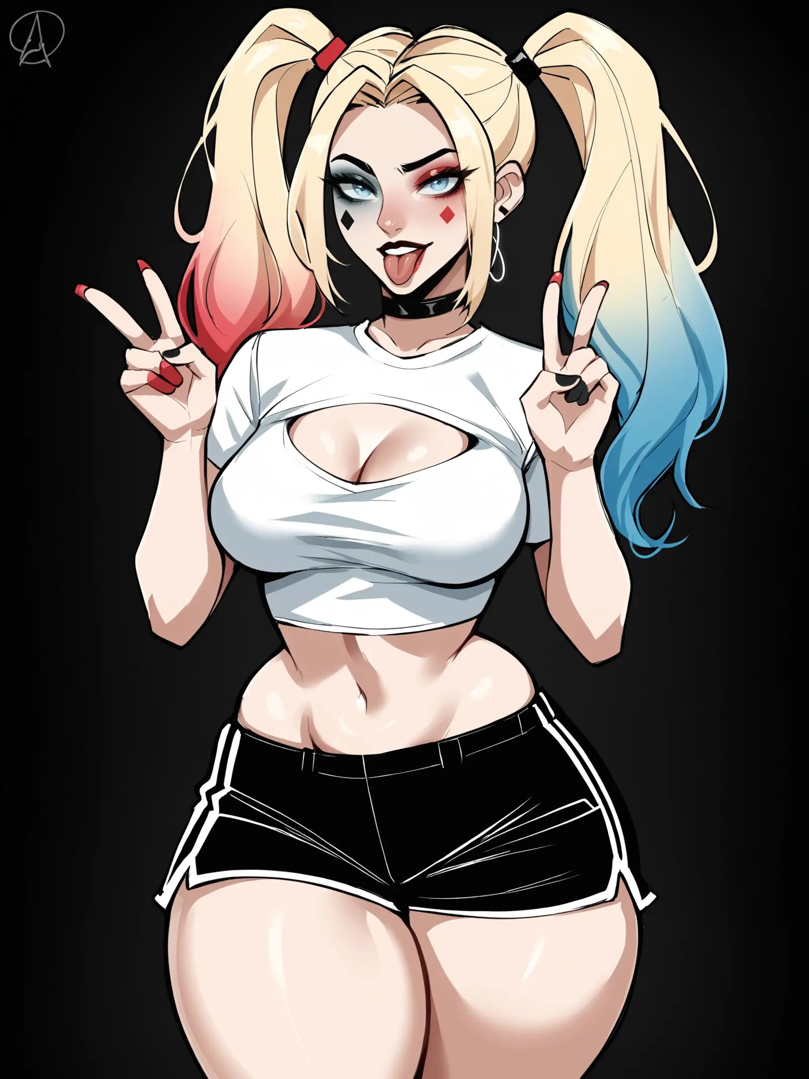 score_9, score_8_up, score_7_up, score_6_up, score_5_up, score_4_up,BREAK1girl, harley quinn, blonde hair, twintails, light blue eyes, eyeshadow, long eyelashes, tongue out,BREAKsolo, black shorts, crop top, two-tone shirt, double peace, plump, thick thighs,BREAKblack background, simple background, <lora:Lunas-Almualim-SDXL-A1:1>