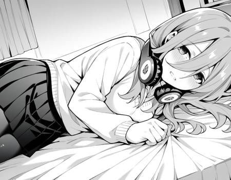 score_9, score_8_up, score_7_up, source_anime,mikunakano, <lora:miku-nakano-manga-ponyxl-lora-nochekaiser:1>,miku nakano, long hair, bangs, shirt, hair between eyes, headphones, headphones around neck, monochrome, greyscale,skirt, shirt, long sleeves, white shirt, pantyhose, pleated skirt, black pantyhose, cardigan,indoors, bed, bed room, on side, blush, drunk,looking at viewer, cowboy shot, dutch angle, solo, mature female,