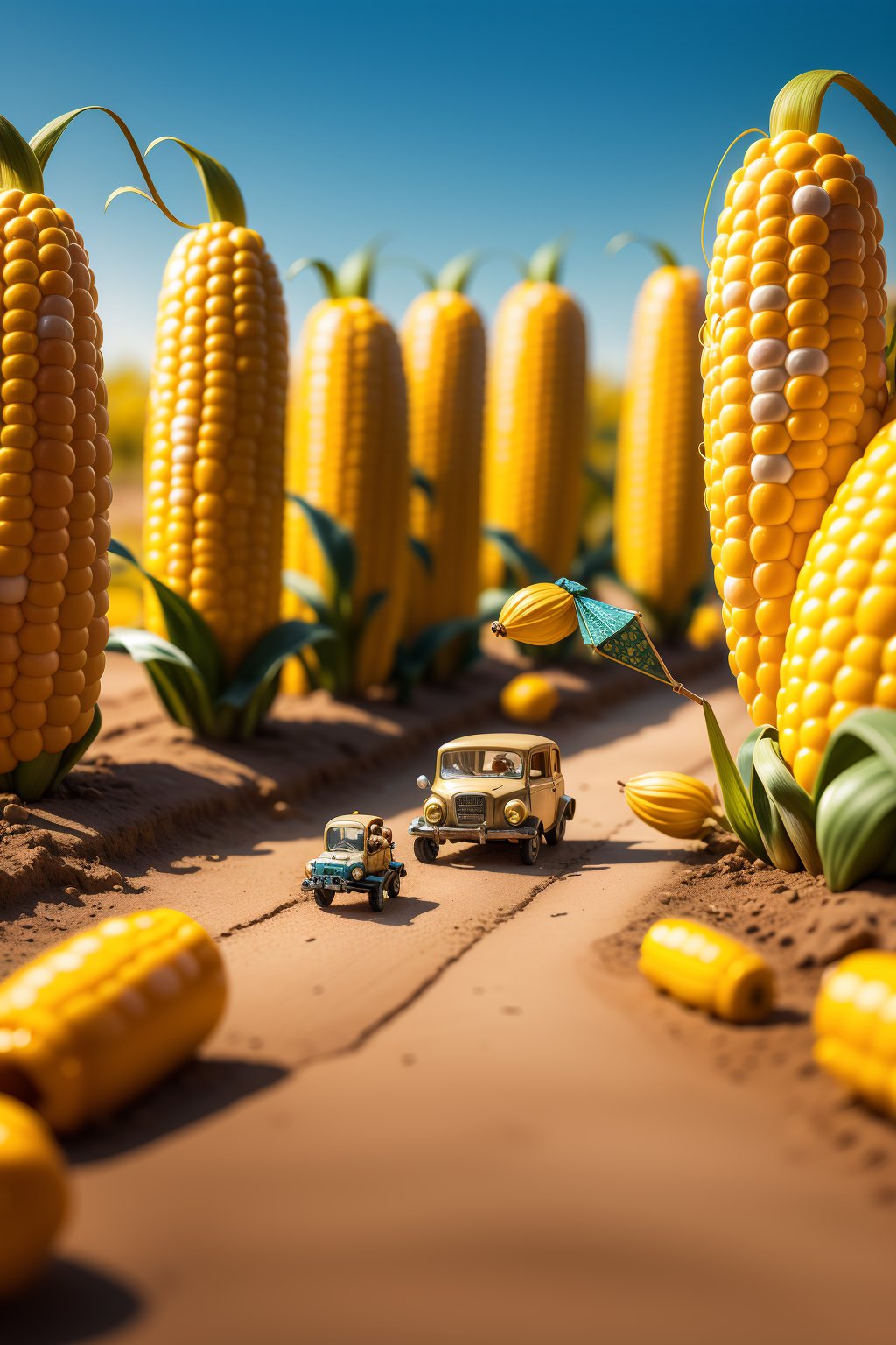 masterpiece,best quality,<lora:微缩世界-美食版:0.7>, miniature  photography,a toy car driving through a corn field with a person holding an umbrella over it's head and a toy car in the middle of the road,