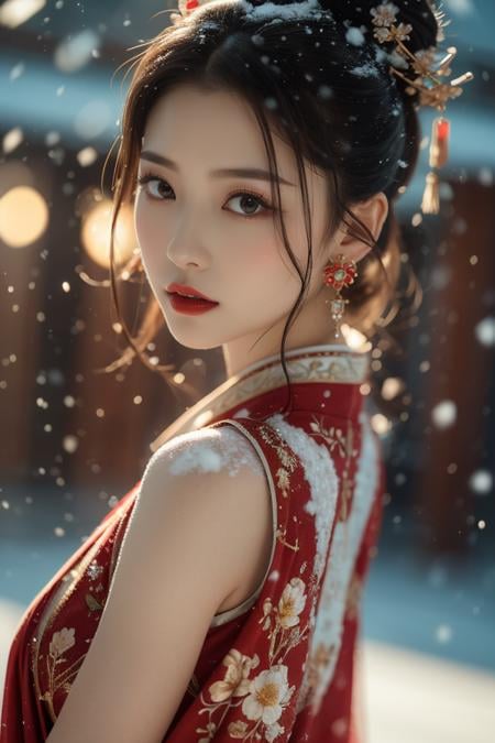 Warm Snow, 1girl, solo, hair ornament, black hair, jewelry, earrings, looking at viewer, blurry, snow, snowing, red lips, chinese clothes, looking back, upper body, flower, blurry background, makeup, black eyes, lipstick, hair stick, realistic, floral print, lips, closed mouth,best quality,masterpiece,illustration,an extremely delicate and beautiful,CG,unity,8k wallpaper,Amazing,finely detail,masterpiece,official art,extremely detailed CG unity 8k wallpaper,incredibly absurdres,huge filesize,ultra-detailed,highres,extremely detailed,beautiful detailed girl,realistic,<lora:Warm Snow_20240127032610:0.8>,