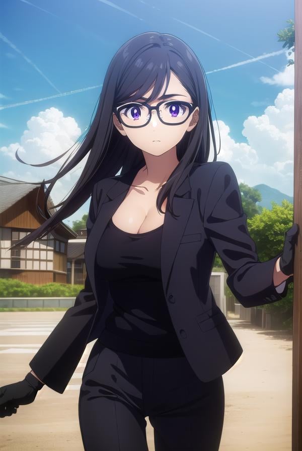 hizuruminakata, <lora:hizuru minakata s1-lora-nochekaiser:1>,hizuru minakata, long hair, black hair, glasses, (purple eyes:1.1), black-framed eyewear,BREAK shirt, gloves, cleavage, collarbone, jacket, black gloves, pants, black jacket, black shirt, black pants, formal, suit,BREAK outdoors,BREAK looking at viewer,BREAK <lyco:GoodHands-beta2:1>, (masterpiece:1.2), best quality, high resolution, unity 8k wallpaper, (illustration:0.8), (beautiful detailed eyes:1.6), extremely detailed face, perfect lighting, extremely detailed CG, (perfect hands, perfect anatomy),