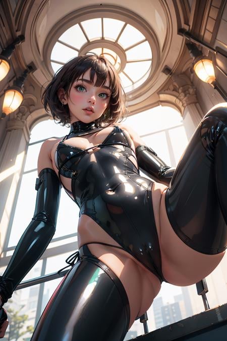 masterpiece, best quality,Ray tracing, hdr, volumetric lighting,1girl, sexy, brunette with a pixie cut, almond-shaped green eyes, and a slender yet athletic build, Daring latex bodysuit in sleek black, featuring a high neckline, long sleeves, and strategic cutouts that accentuate curves,<lora:From_Below_FefaAIart:1>, ((from below, low angle shot, ass focus, panties, spread legs, ))<lora:MicroBikini_FefaAIart:0.6>,micro bikini,  tiny microbikini,  microbikini,wedged in vulva,areola,  lowleg, pussy peak, clitoris slip,