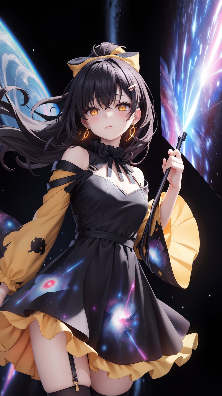 (Holding blackHole vortex in arm:1.4), (Nebula print on dress:1.4), Earrings, half closed eyes, (sad:1.2), (Frilled:1.3), open shoulders, (long galaxy sleeves), (ribbons:1.5), (hairpins:1.3), Circle galaxy skirt, purple hair, galaxy hair ornament, long hair, (on wind:1.5), (messy hair:1.5), sola4 gradient stockings, (glowing yellow eyes:1.3), (Galaxy print dress:1.5), masterpiece, best quality, Girl, (Black galaxy dress:1.3), (selestia:0.01), (Indifference:1.5)