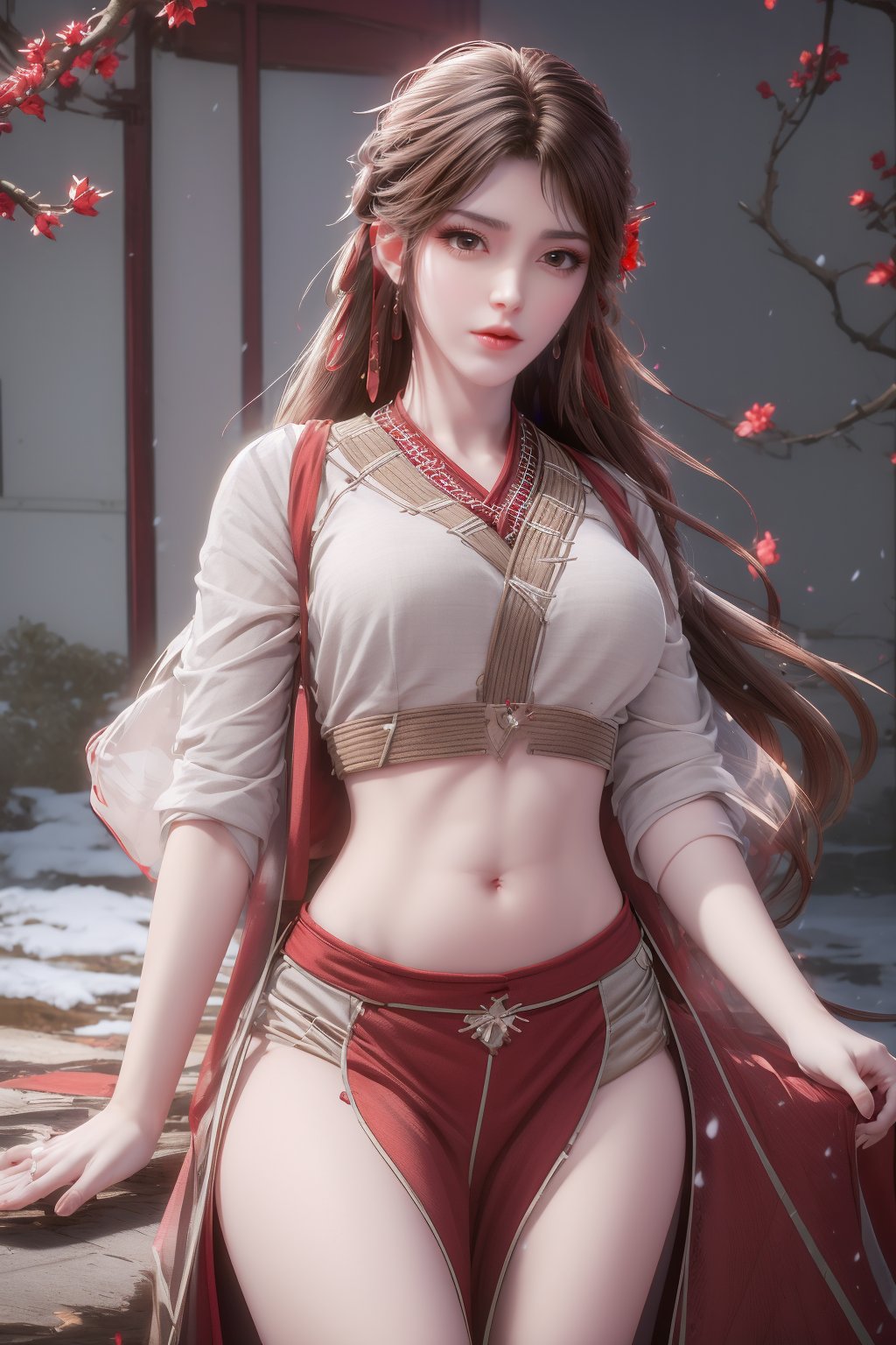 8k,RAW photo,best quality,masterpiece,hatching (texture),skin gloss,light persona,artbook,extremely detailed CG unity 8k wallpaper,official art,(high detailed skin),glossy skin,contrapposto,female focus,sexy,fine fabric emphasis,wall paper,1girl,solo,red_lips,makeup,very long hair,hair ornament,midriff,navel,fate/stay night,(red theme:1.4),depth of field,blue circle,snow,petals,branch,y-hd,s-hd,<lora:0405采桑女64:0.8>,ll-hd,<lora:1111白皙质感:0.5>,ty-hd,<lora:0110田野:0.6>,