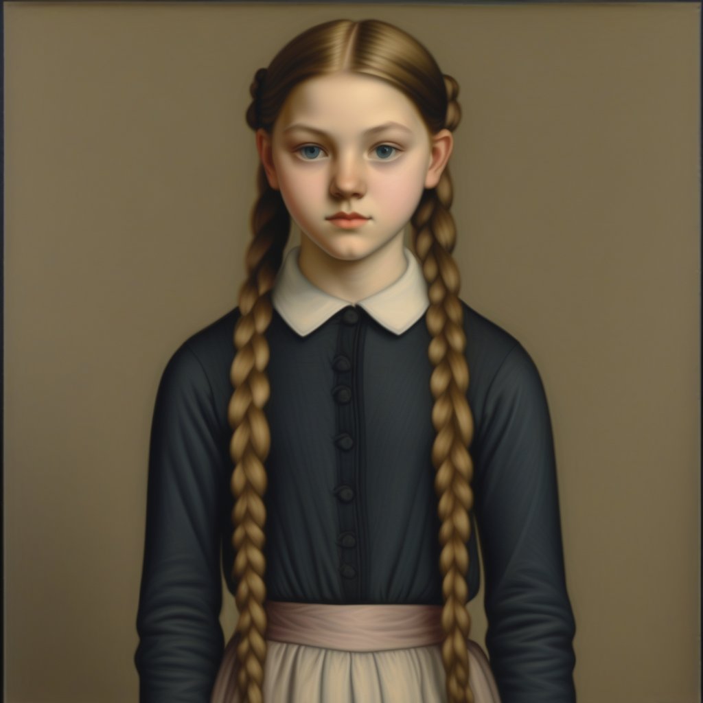 Full-body-length painting of a Young Girl: A slender, 18-year-old girl with long hair tied in double plaits and eyes gazes directly at the camera, exuding confidence.