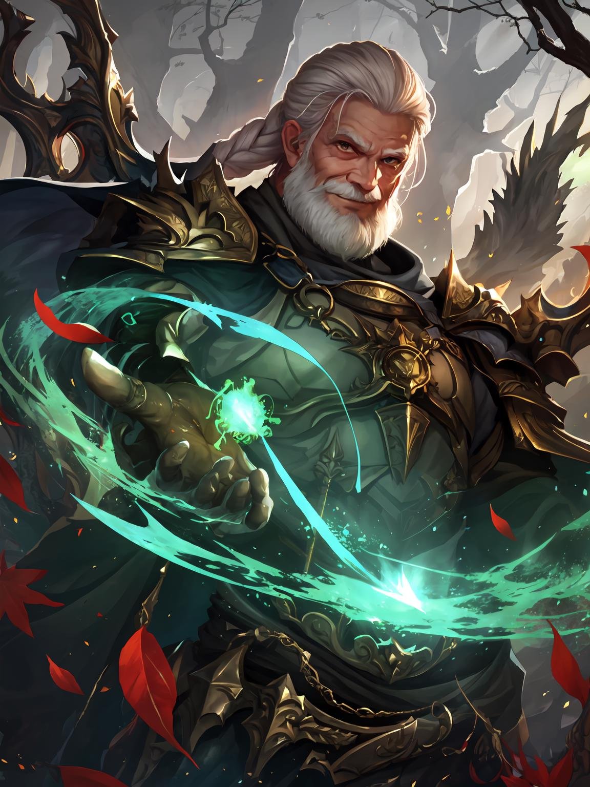 masterpiece,best quality,highres,cinematic lighting,dramatic angle,<lora:ShadowverseIzudiaV3-000036:0.8> ,1 old man,Izudia,armor,cape,holding bow,white hair,braided ponytail,jewelry,looking at viewer,evil smile,shaded face,clenched teeth,green fire,rotten woods,falling leaves,depth of field,magic,floating objects,portrait,from below