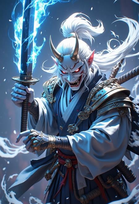 (A white Oni with blue smoke, holding up his sword in the air, wearing silver armor and kimono. Detailed illustration with a dynamic background in the style of fantasy art. A digital painting concept design showing a close up shot with ultra high resolution and high detail in sharp focus. An intricate studio photo shoot with highly detailed sharp focus and high quality:1.2), hkwarrior, mythp0rt