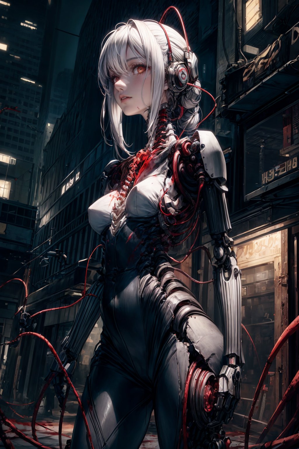 Single Female, Realistic, Cinematic Live Action, Solo, Staring at Viewer, Very Long Black Hair, White Hair, Bangs, Random Eye Color, Standing, Cowboy Shot, Shiny, (Detailed Mechanical Pipes), Wiring (Mechanical Joints: 1.2), (Mechanical Limbs)), (Blood Vessels Connected to Tubes), (Mechanical Spine Connected to Back), (Mechanical Cervical Spine Connected to Neck)), Emotionless, (Wires and Cables Connected to Neck: 1.2), (Wires and Cables Over Head: 1.2)(Focus on Character), Sci-Fi, Highly Detailed, Colorful, Most Detailed Joints, Mechanical, Sci-Fi, Android, Joints, Cables, Mechanical Arm, Mechanical Parts, Wires, Tubes, Spine, Change Pose, Change Cityscape, Burning House and Partially Destroyed City Edo Period in Background, Additional Details, Mechanical Pipe Wiring,Machinery Tube Wiring<lora:EMS-63140-EMS:0.400000>, <lora:EMS-340072-EMS:0.400000>, <lora:EMS-179-EMS:0.500000>