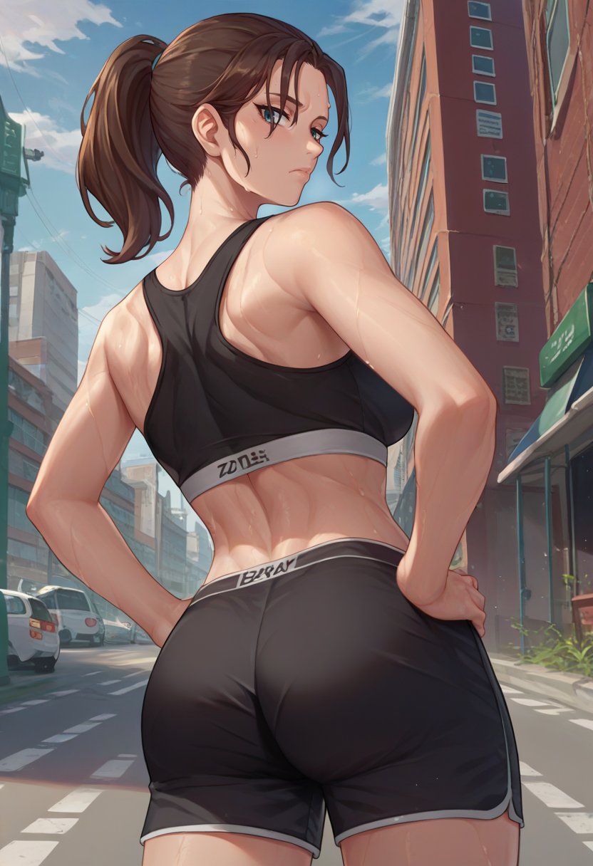 score_9, score_8_up, score_7_up, source_anime, from behind, solo, 1girl, l4dzoey, sweat, expressionless, looking back, hands on own hips, ponytail, black sports bra, black shorts, outdoors, city street <lora:l4d_zoey_ponyXL:1>