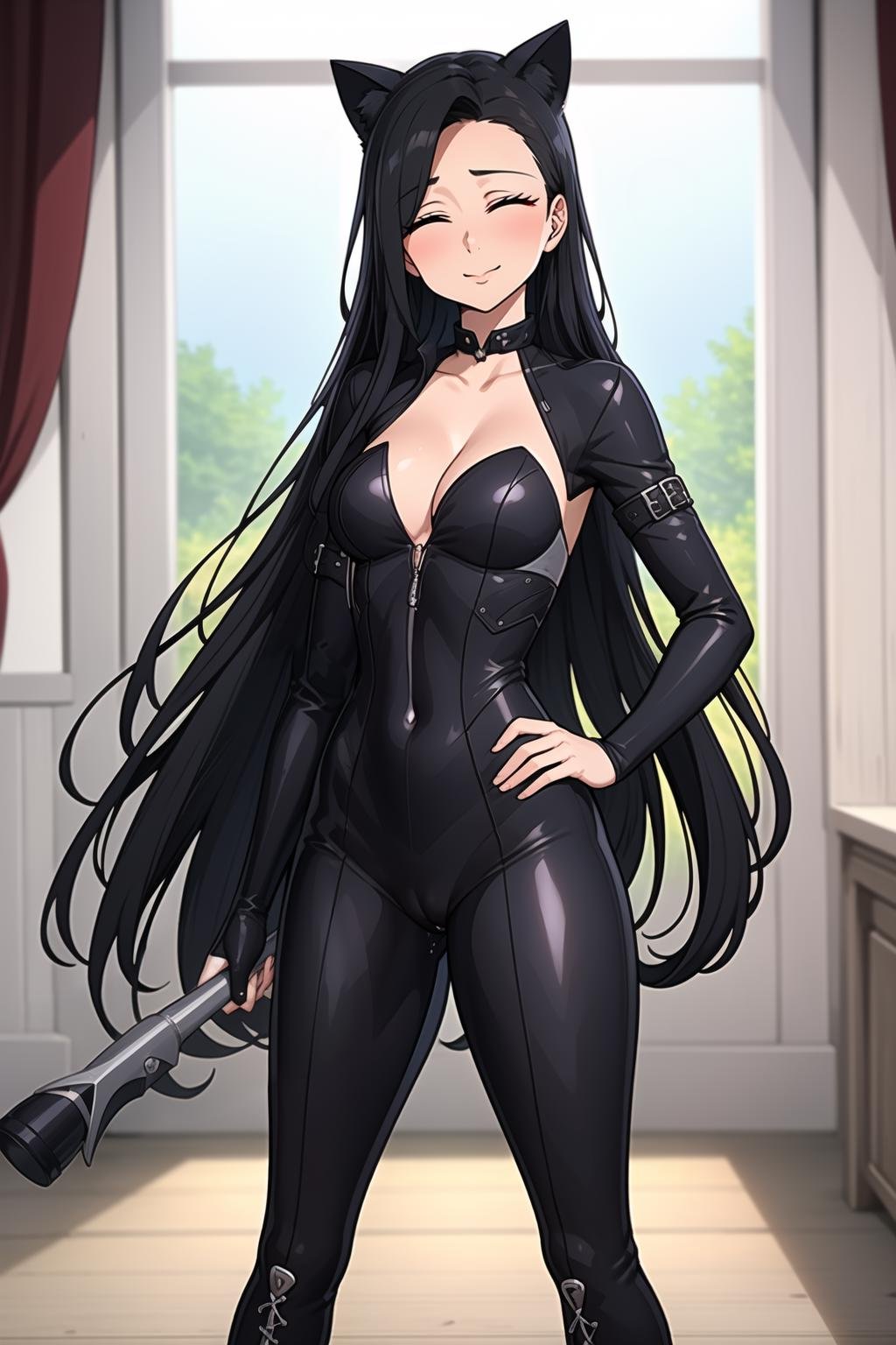 (masterpiece, best quality,ultra detailed),Guila,sweat,pussy juice,1girl,cat ear,long hair,slim,cute,shinny skin,single bangs,bangs,black hair,cleavage,sexy,black cat outfit,closed eyes,cat boots),(bare chest,big breasts,upper body,thigh,closed eyes,(day,indoors,rays),(standing),<lora:Guila:0.2>