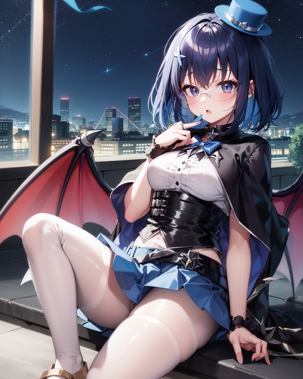 1girl, lillaevil, blue hair, blue eyes, short hair, black capelet, skirt, white pantyhose, blue demon wings, blue-tinted eyewear, mini hat,indoors, phantom thief hideout, dark room, night sky<lora:lillav3:1>