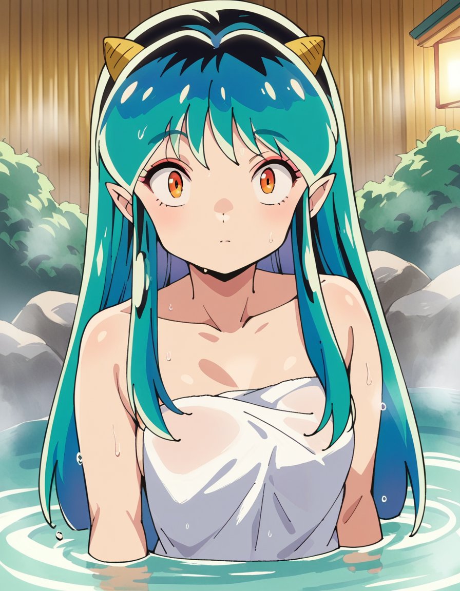 score_9, score_8_up, score_7_up, source_anime,uruseilum, <lora:urusei-lum-anime-s1-ponyxl-lora-nochekaiser:1>,lum, long hair, bangs, blue hair, orange eyes, horns, pointy ears, aqua hair, oni horns, eyeshadow,nude, naked, outdoors, onsen, towel, naked towel, steam, bathing, nude cover, partially submerged, water, bath, steam censor, wet towel,looking at viewer, dutch angle, cowboy shot,