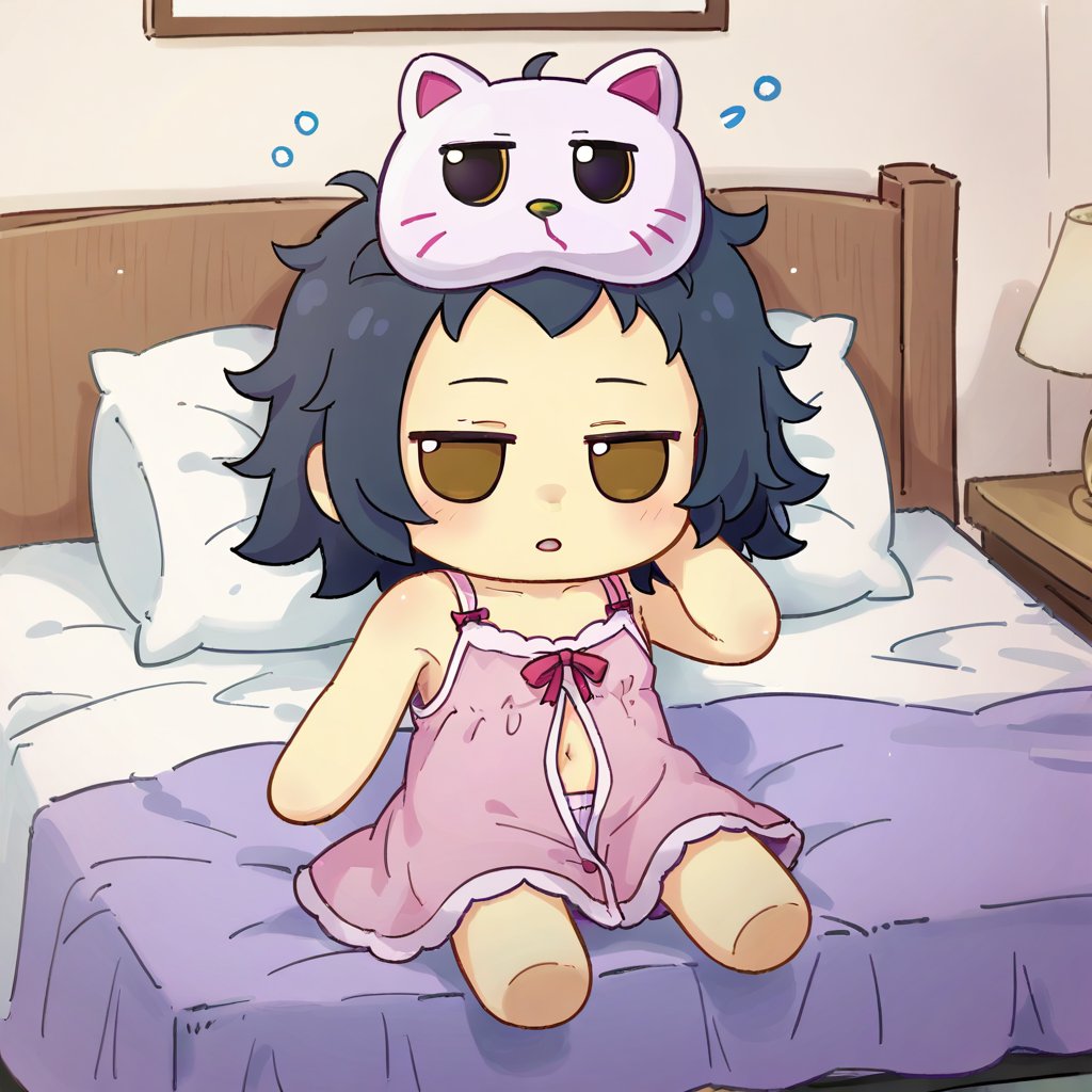 1girl,    fumo doll, chibi, solo, stomach, hair slicked back, sleepy, half-closed eye, under covers, colored skin, open mouth, on bed, sitting, unworn mask, mask on head, bare legs, light blush, yellow skin, alternate costume, straight-on, messy hair, grey tank top, character doll, black hair, hand in own hair, closed mouth, expressionless, half-closed eyes, babydoll touchchan \(cosplay\), stool, cosplay, bottomless, legs together, dot nose, mask, indoors, bare shoulders, navel, knee blush, looking at viewer, pillow, bare arms, clothes on bed, rubbing eyes, brown eyes, child, underwear, pale skin, waking up, doll on hair, sleep mask, purple pajamas, arm up, pink babydoll, holding own wool, full body, nightmare orb, bedroom, tank top, hand on own shoulder, pajamas, purple skin, barefoot, score_9, score_8_up, score_7_up, source_anime <lora:XL_fumo_(doll)(pony):1>