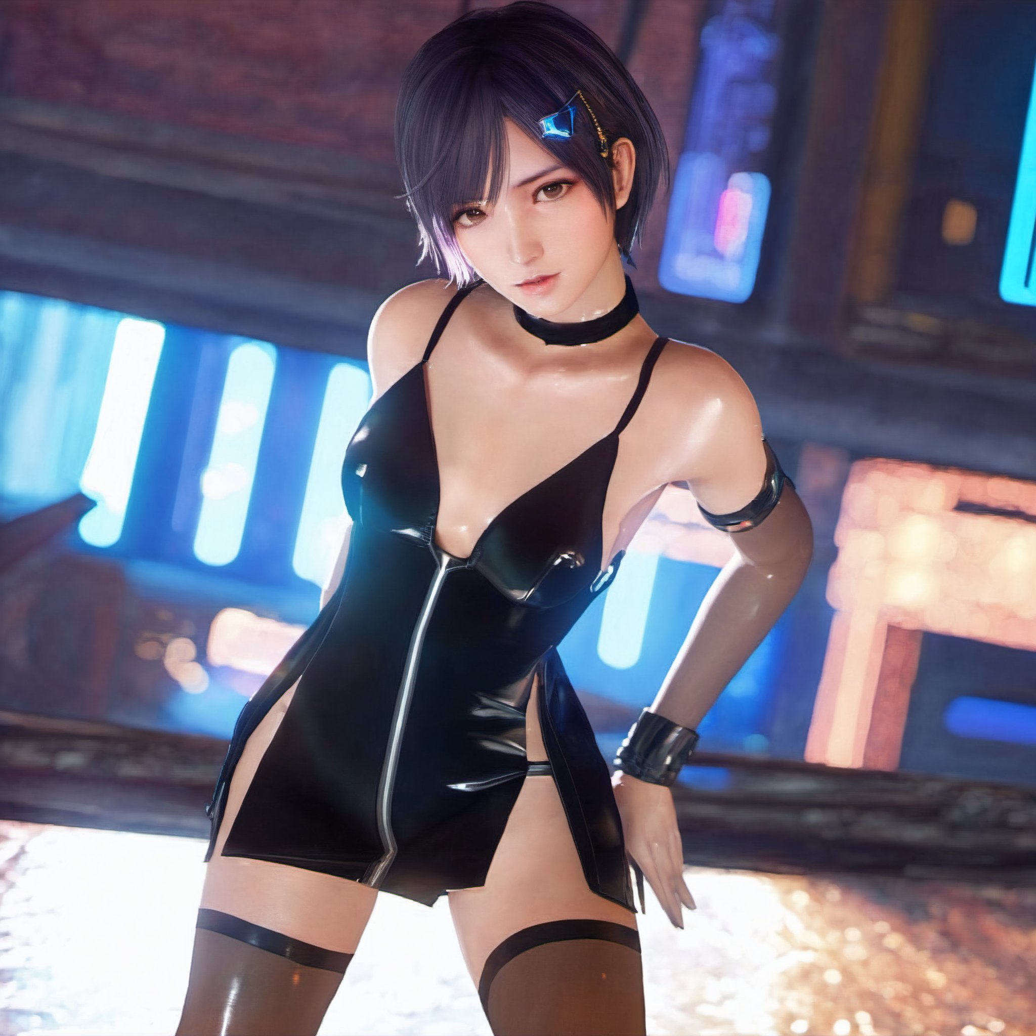 masterpiece, best quality, 1girl, nagisa, small breasts, short hair, evening gown, pantyhose, cleavage, looking at viewer, bare shoulders, cyberpunk background, dynamic pose, photography, warm light, cinematic lighting, from above,  <lora:doaxvv_nagisa_v2-000012:0.7>