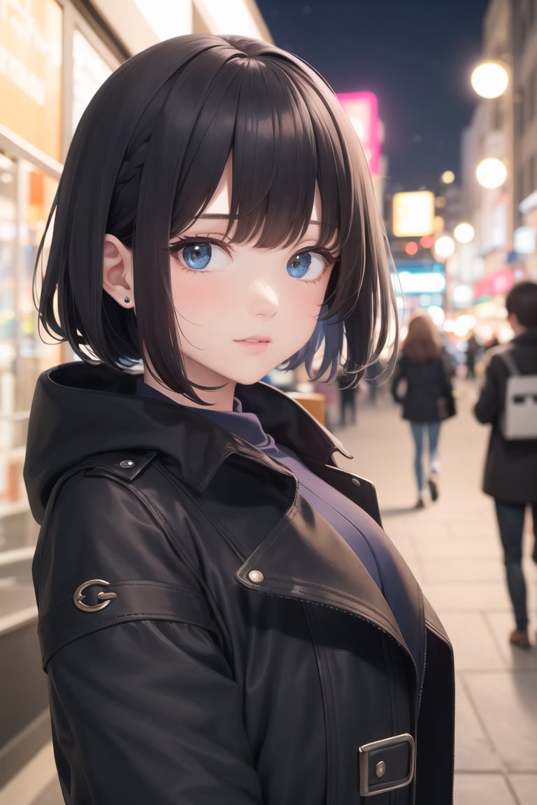 best quality, 1girl, solo, black hair, short curved bob, (Cool black coat), night, city,