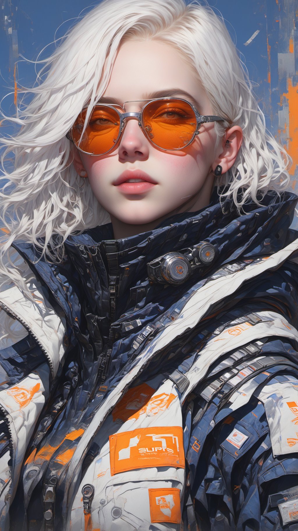 BJ_Cyber_albinism,1girl,solo,long_hair,looking_at_viewer,jacket,upper_body,white_hair,lips,sunglasses,science_fiction,realistic,nose,tinted_eyewear,cyberpunk,orange-tinted_eyewear,photo,8k,intricate,highly detailed,majestic,digital photography,broken glass,(masterpiece, sidelighting, finely detailed beautiful eyes:1.2),hdr,realistic,high definition,. Dreamlike,mysterious,provocative,symbolic,intricate,detailed,<lora:SDXL_Cyber_albinism_V1:0.7>,