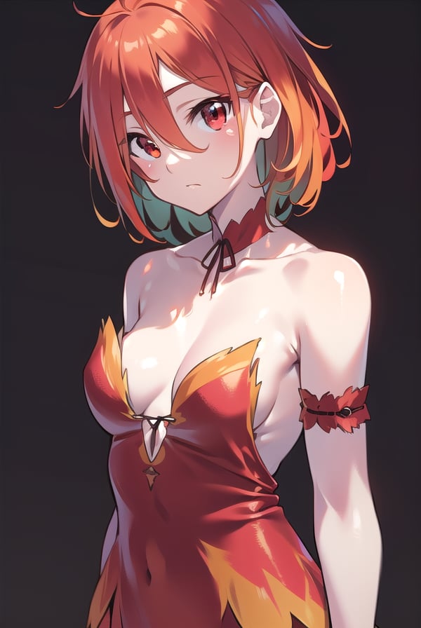 amagisalama, <lyco:amagisalama-LYCORIStest:1>,salama, orange hair, (red eyes:1.5), short hair, ahoge, (small breast:1.2),BREAK bare shoulders, choker, dress, multicolored clothes, multicolored dress, orange dress, red choker, red dress,BREAK looking at viewer,BREAK outdoors, city,BREAK <lora:GoodHands-vanilla:1>, (masterpiece:1.2), best quality, high resolution, unity 8k wallpaper, (illustration:0.8), (beautiful detailed eyes:1.6), extremely detailed face, perfect lighting, extremely detailed CG, (perfect hands, perfect anatomy),