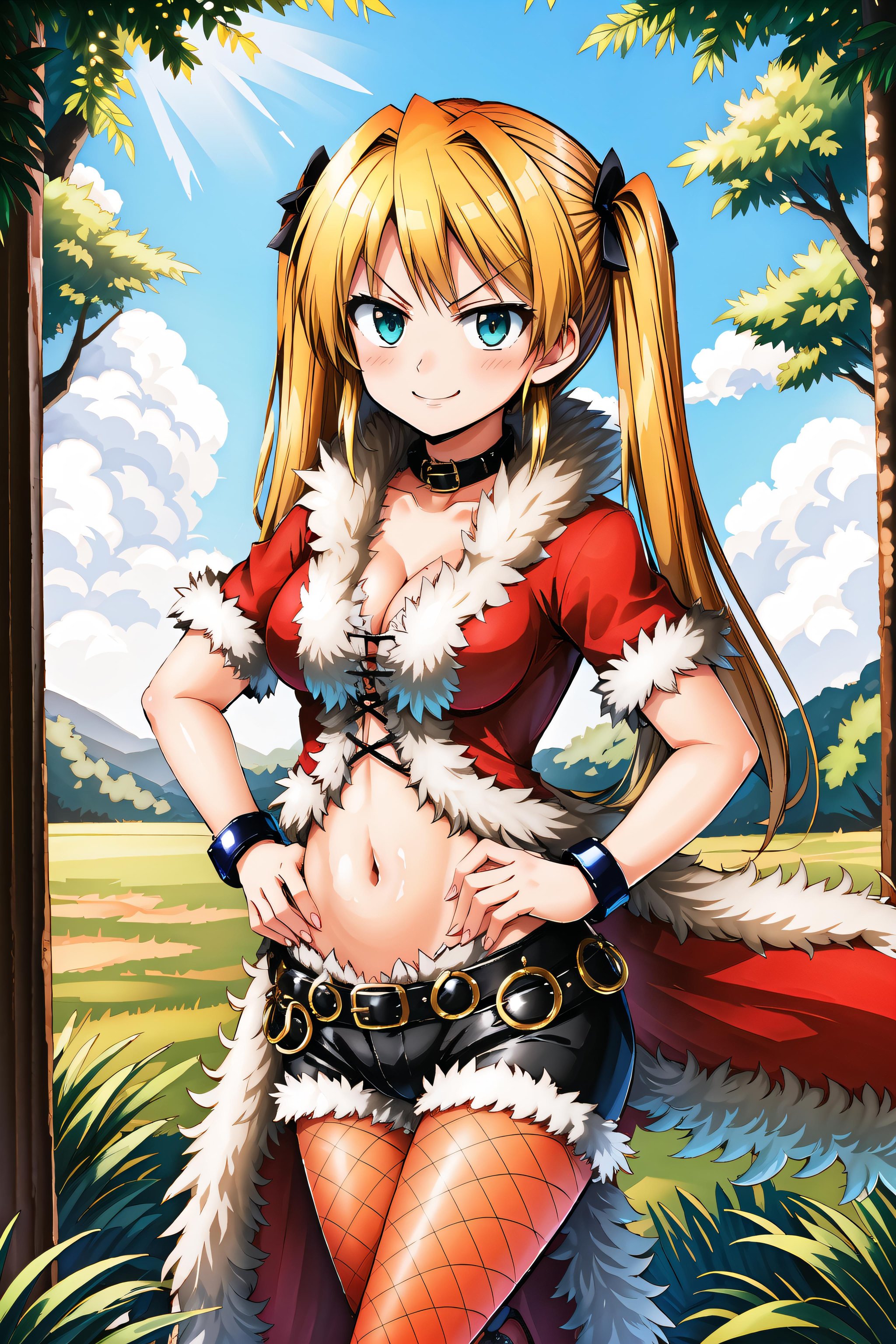 <lora:rogueRoV1.7-000005:0.95>, rogueRO, fishnet legwear, red fur coat, shoes, midriff, collar, black shorts, bangle, armlet, navel, twintails, blonde hair, green eye, 1girl,smile, very angry,looking at viewer, standing, hands on hip,sun, day, cleary sky, forest, tree, jungle, lakeside,