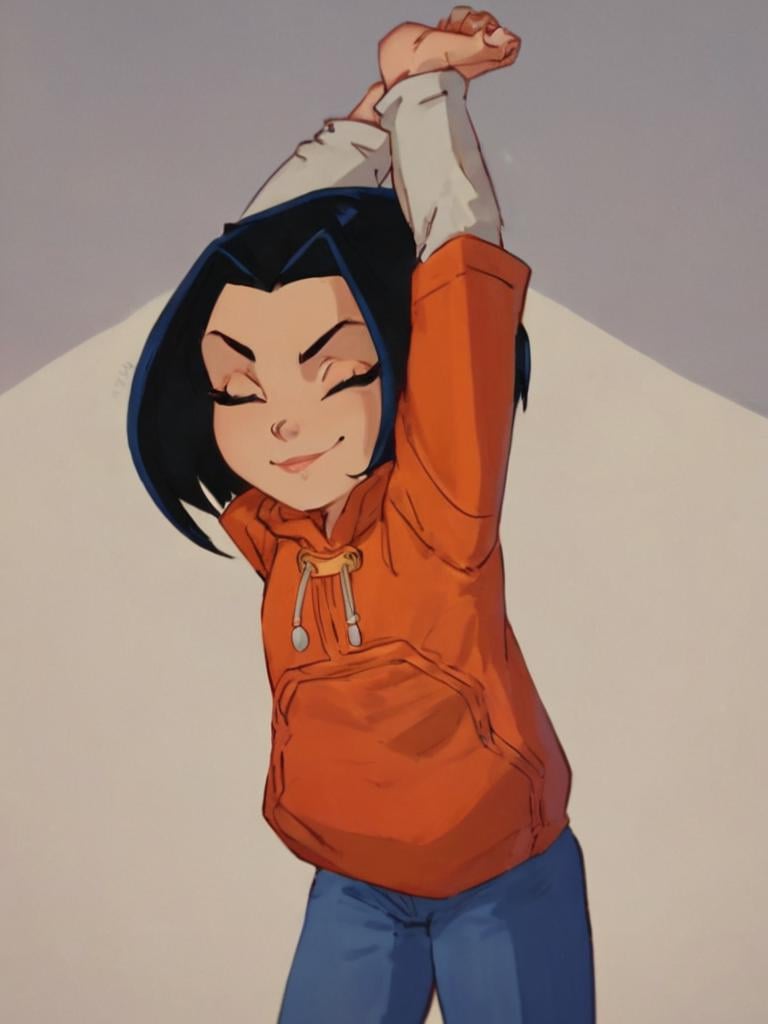 score_9, score_8_up,  jadechan, 1girl, black hair, solo, short hair, long sleeves, orange hoodie, smile, pants, upper body,standing, looking at viewer, arm up, stretching, closed eyes,   <lora:Jadepony2.2:1>   zPDXLxxx