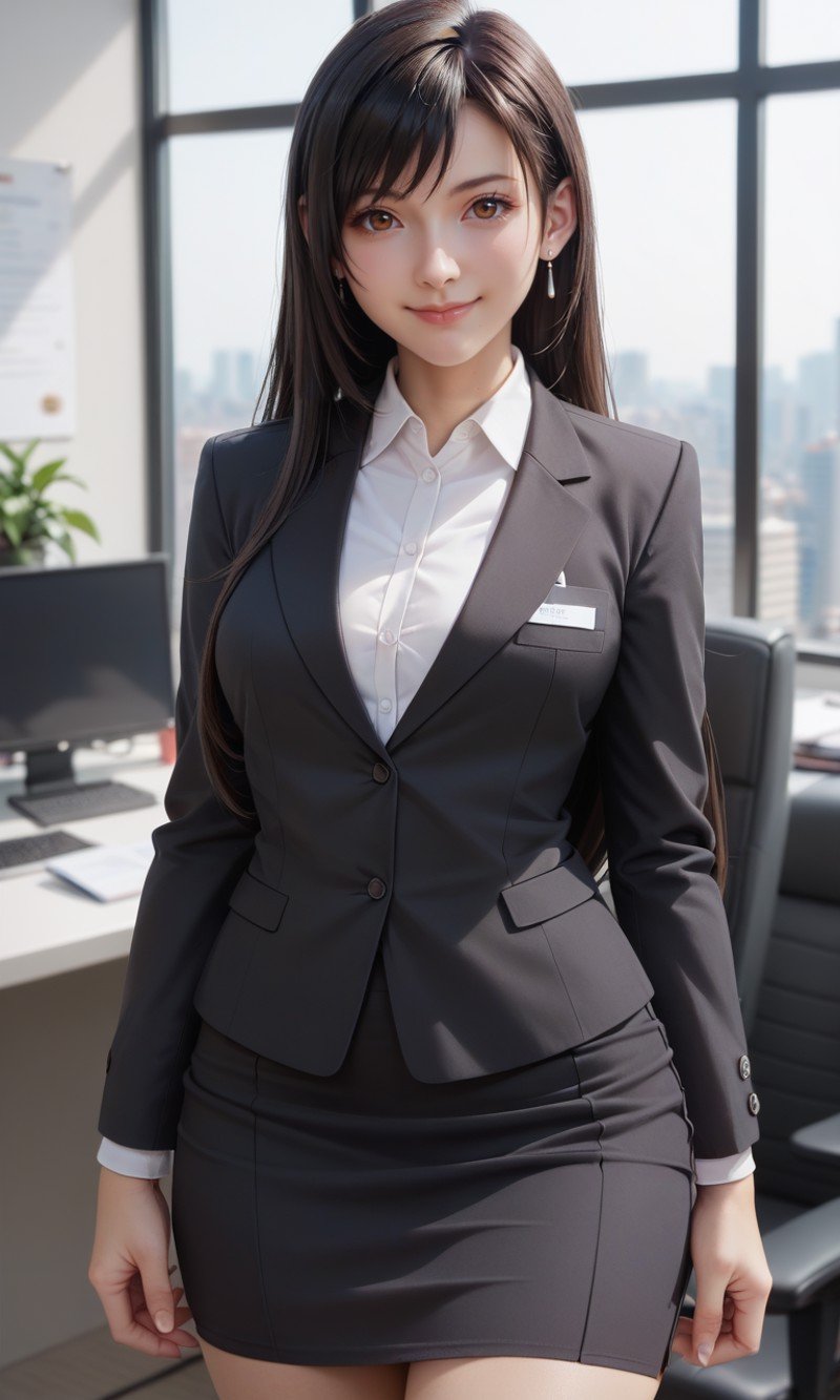 score_9, score_8_up, score_7_up, masterpiece,best quality, highly detailed, Best quality,masterpiece,ultra high res,(office suit:1.2),tifa_ac,looking at viewer,(cowboy shot:1.1), long sleeves, grey pencil skirt, office,smile,closed mouth,