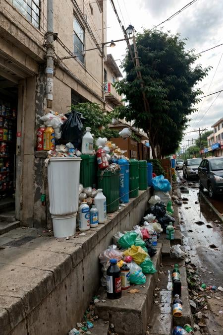 RAW photo,subject,8k uhd,dslr,soft lighting,high quality,film grain,Fujifilm XT3,,ruanyi0042,no humans,bottle,box,bucket,building,cardboard box,cup,fence,food,lamppost,paper bag,plant,plastic bag,power lines,road,rubble,ruins,soda can,street,traffic light,trash bag,tree,window,,<lora:0042 garbage city_v2:1>,<lora:detail_slider_v4:1>