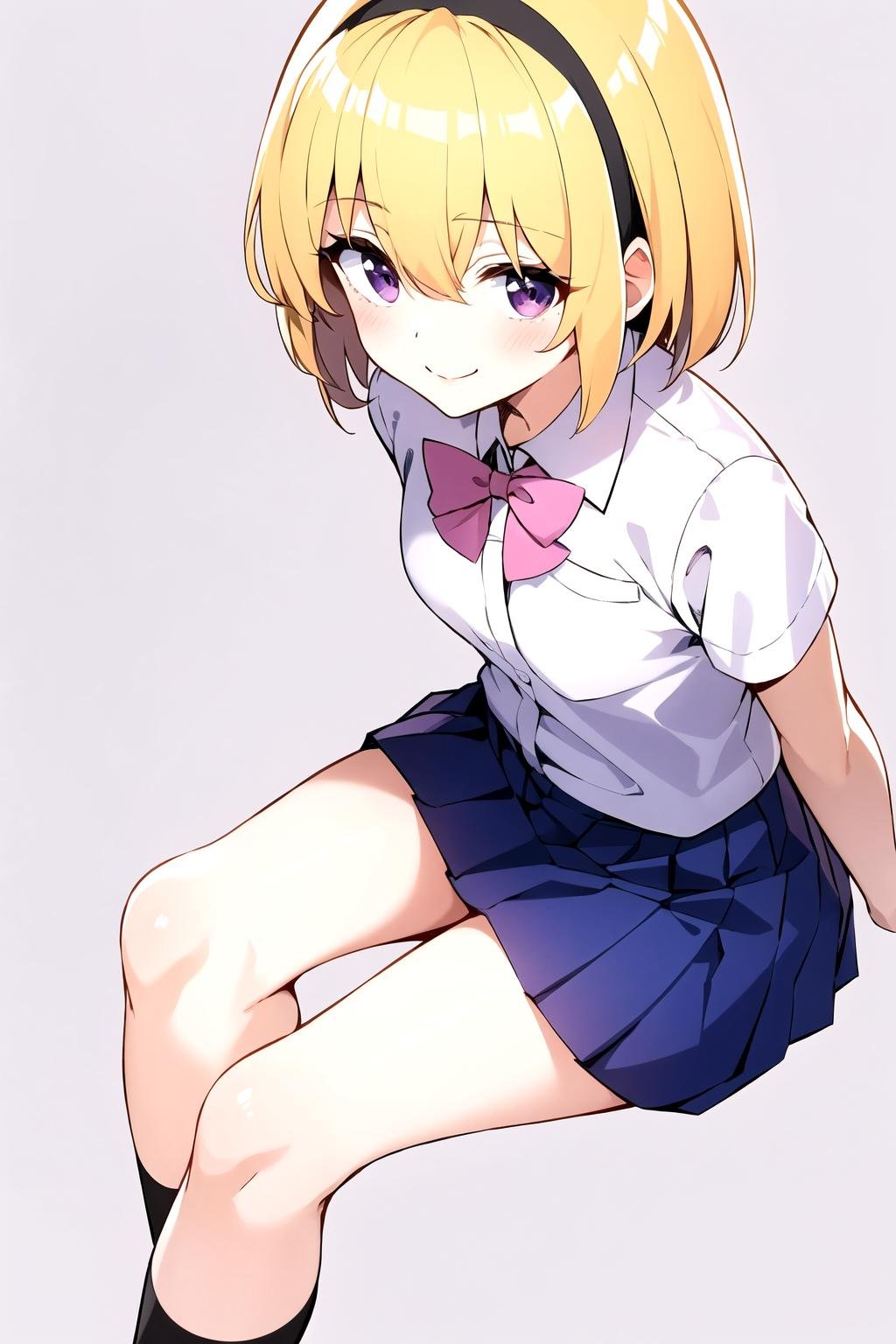 <lora:Satoko Houjou anylora15r-000006:0.7>, 1girl, houjou satoko, solo, blonde hair, hairband, skirt, black hairband, purple eyes, shirt, looking at viewer, white shirt, school uniform, smile, short hair, pleated skirt, short sleeves, simple background, bow, sitting, bangs, collared shirt, closed mouth, hair between eyes