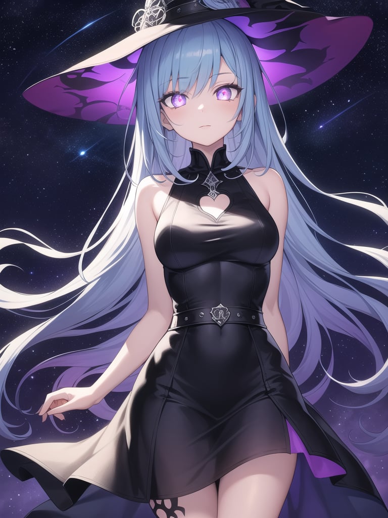 masterpiece,best quality,detailed,1girl,night sky,stars,arms at sides,levitating,witch hat,gothic two toned dress,detailed eyes,glowing purple eyes,multicolored hair,long light blue hair,