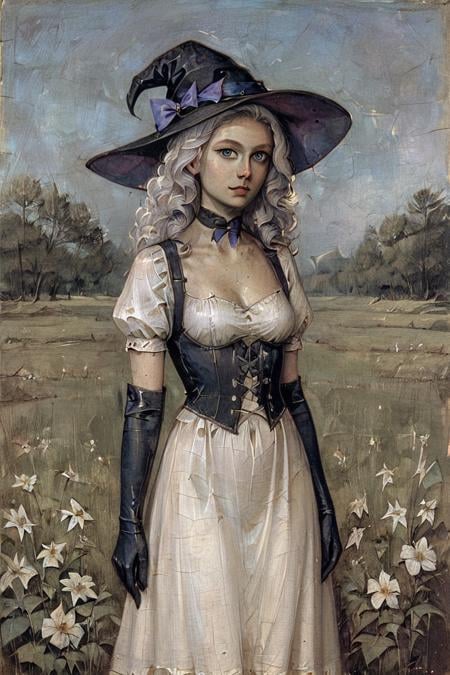 score_9, score_8_up, score_7_up, gothic art, oil painting, traditional media, realistic, 1girl, witch hat, hat, solo, long hair, flower, dress, choker, puffy sleeves, looking at viewer, grass, white dress, bow, hat bow, white hair, black choker, plant, outdoors, blue eyes, purple eyes, black headwear, bangs, long sleeves, gloves, witch, blue bow, wavy hair, short sleeves, puffy short sleeves, elbow gloves, black gloves, standing, field, grey hair, sky, purple bow, breasts, curly hair, parted lips, expressionless, cowboy shot, closed mouth, leaf <lora:Gothic Art 2 Style SDXL_LoRA_Pony Diffusion V6 XL:1>