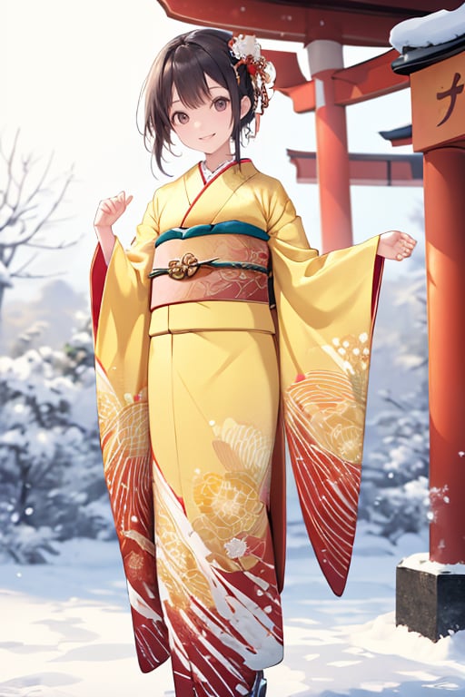 highres, ultra detailed, (best quality:1.2), very high resolution, refraction, full color, 1girl,embarrassed,<lora:furisode-000016:1>yellow furisode, winter background, torii, extend one's arms