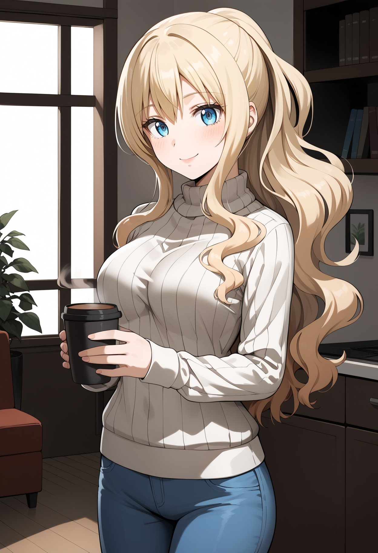 score_9, score_8_up, score_7_up, score_6_up, score_5_up, score_4_up, source_anime, aairina, long hair, ponytail, wavy hair, blue eyes, breasts, ribbed sweater, brown sweater, jean, pants, <lora:irina_jelavic_ponyxl_v1:0.9>, living room, holding cup, coffee, smile, standing, cowboy shot, 